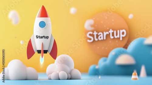 Creative startup concept with a colorful rocket and playful cloud background ...