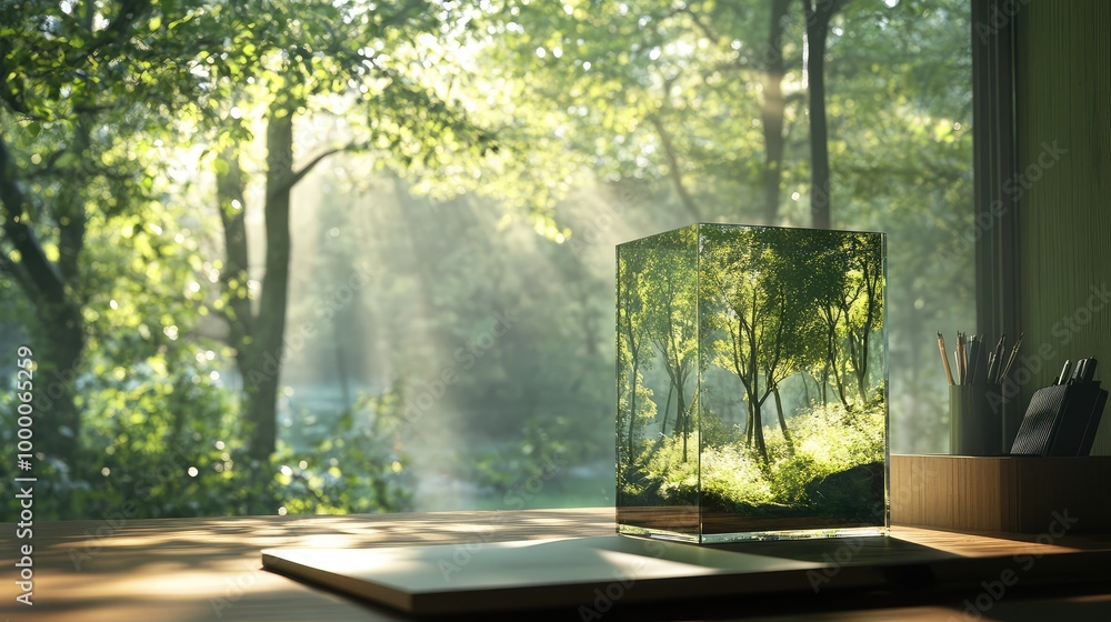 A quiet corner of an architect office, the glass box with its forest scene sitting on a smooth wooden desk, blending creativity with nature A quiet corner of an architect office, the glass box with its forest scene sitting on a smooth wooden desk, blending creativity with nature