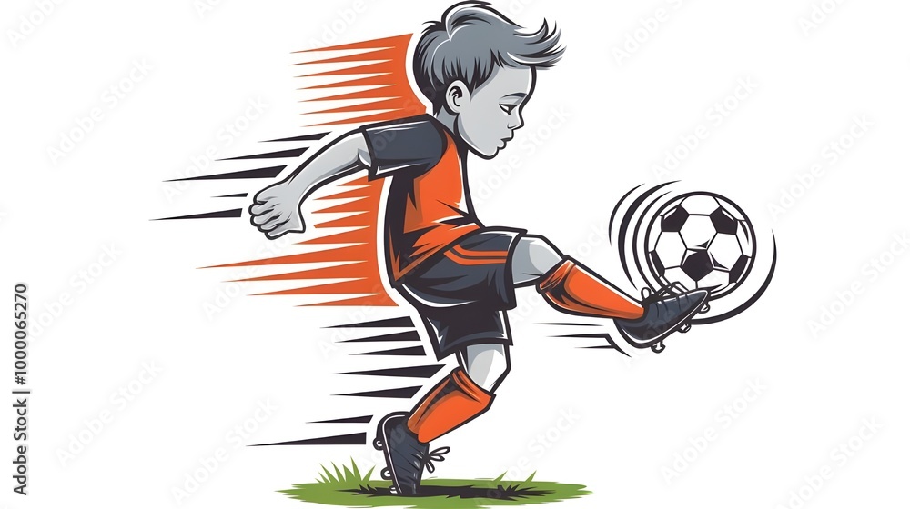 Obraz premium Young Soccer Player Kicking Ball with Speed Lines Illustration
