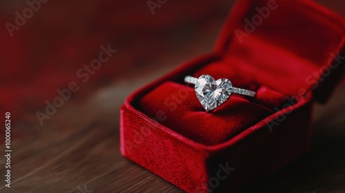 Elegant heart-shaped diamond ring displayed in a luxurious red velvet box for...