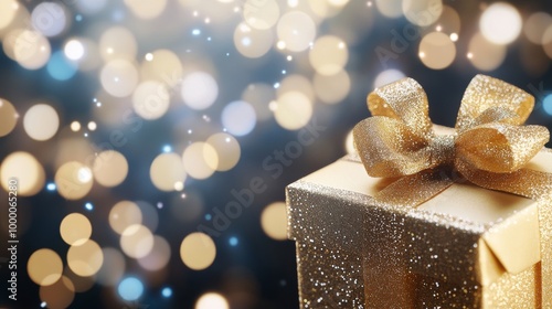 Shimmering golden gift box with a bow surrounded by soft bokeh lights during ...