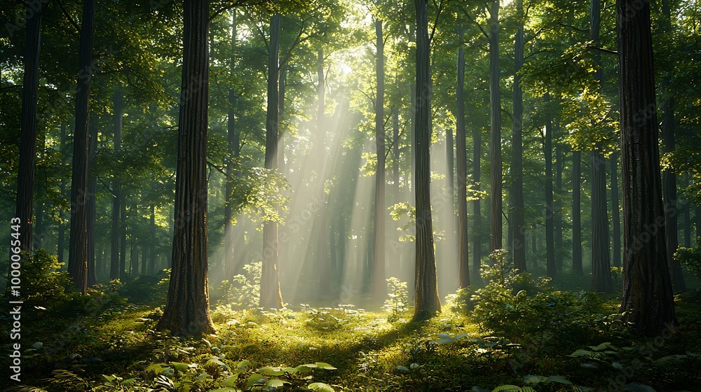 Fototapeta premium Serene Forest Bathed in Gentle Sunlight