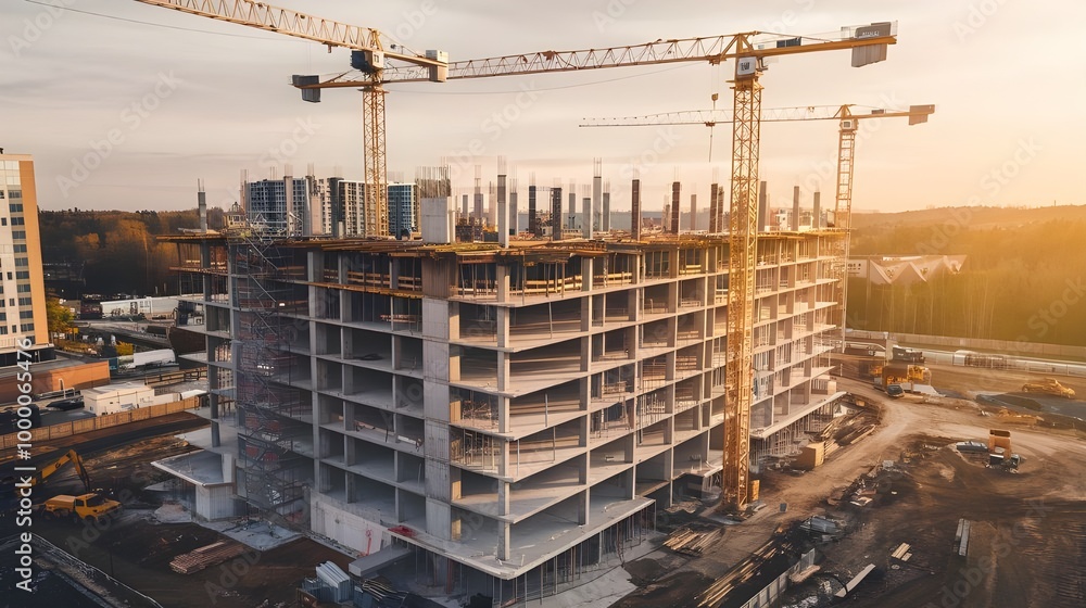 Naklejka premium Construction Site with Crane and Sunset Skyline