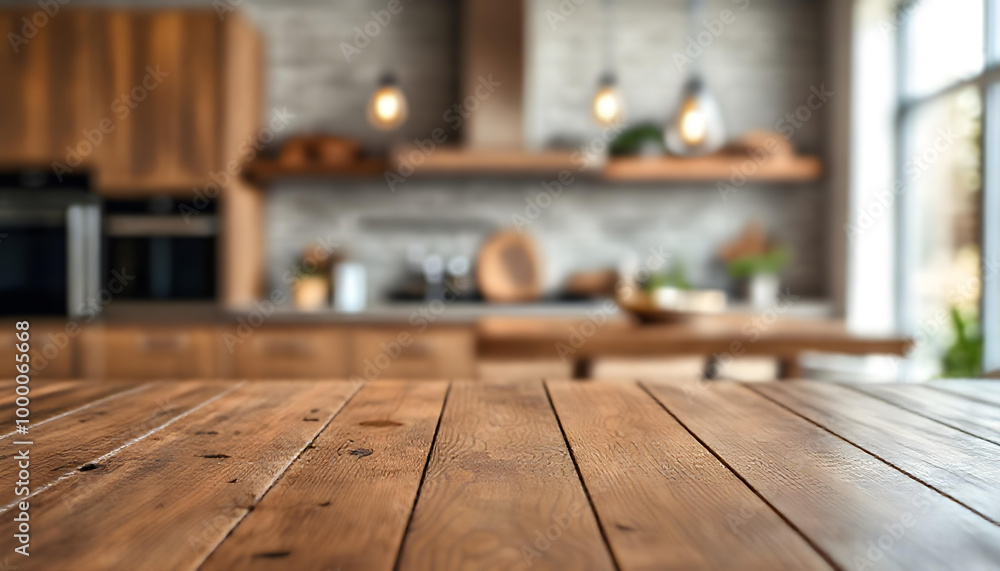 a rustic wooden tabletop for product displays with a bokeh-effect background of an opulent kitchen. a rustic wooden tabletop for product displays with a bokeh-effect background of an opulent kitchen.