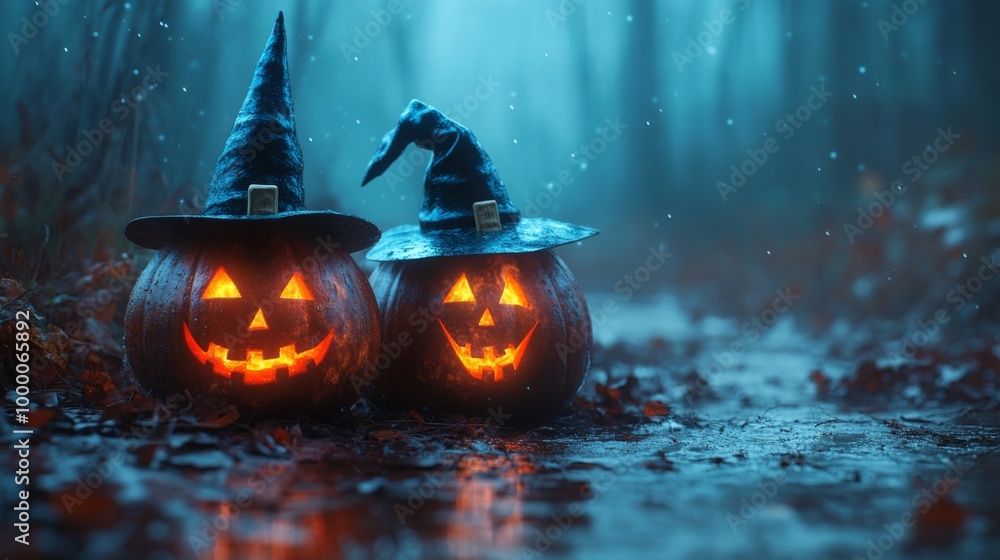 Fototapeta premium Glowing Jack-o'-Lanterns with Witch Hats in a Spooky Halloween Forest