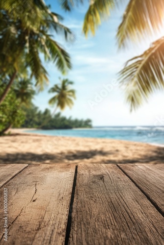 Tranquil beach view with palm trees and a wooden deck on a sunny day