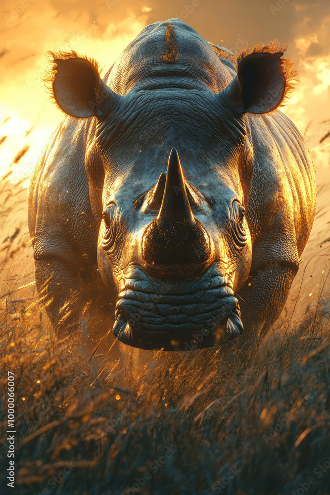 A close-up of a rhinoceros grazing in the early morning light, with mist rising from the grasslands, A close-up of a rhinoceros grazing in the early morning light, with mist rising from the grasslands,