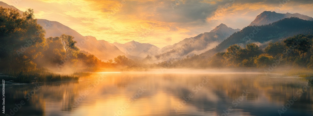 Serene landscape at sunrise with misty mountains and a calm river reflecting the sky. Serene landscape at sunrise with misty mountains and a calm river reflecting the sky.