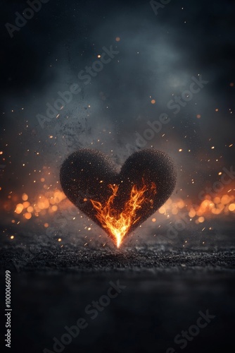 A glowing heart shape made of flames against a dark cosmic background