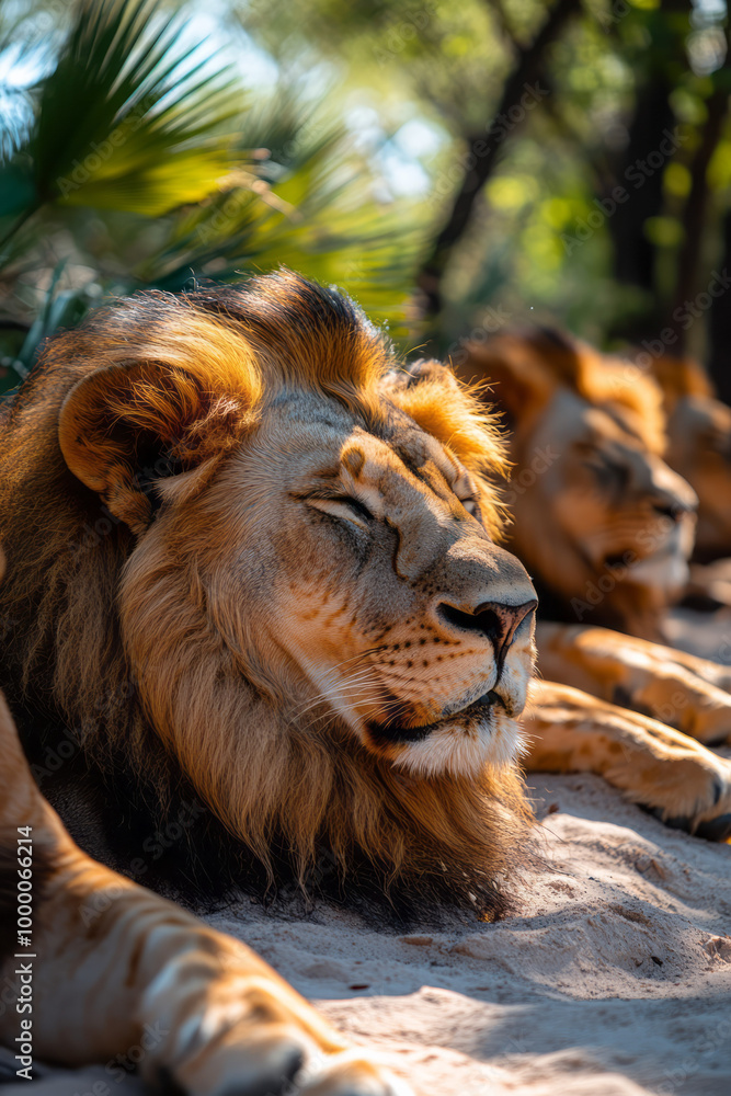 Naklejka premium A pride of lions lounging in the shade, with their powerful presence filling the safari atmosphere,