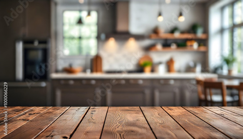 a rustic wooden tabletop for product displays with a bokeh-effect background of an opulent kitchen.