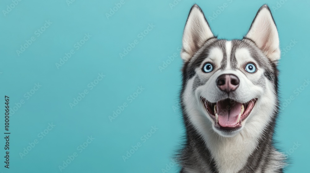 A happy Siberian Husky with bright blue eyes against a turquoise background. A happy Siberian Husky with bright blue eyes against a turquoise background.