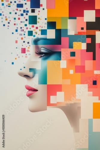 A colorful digital portrait of a woman's profile with vibrant geometric patterns