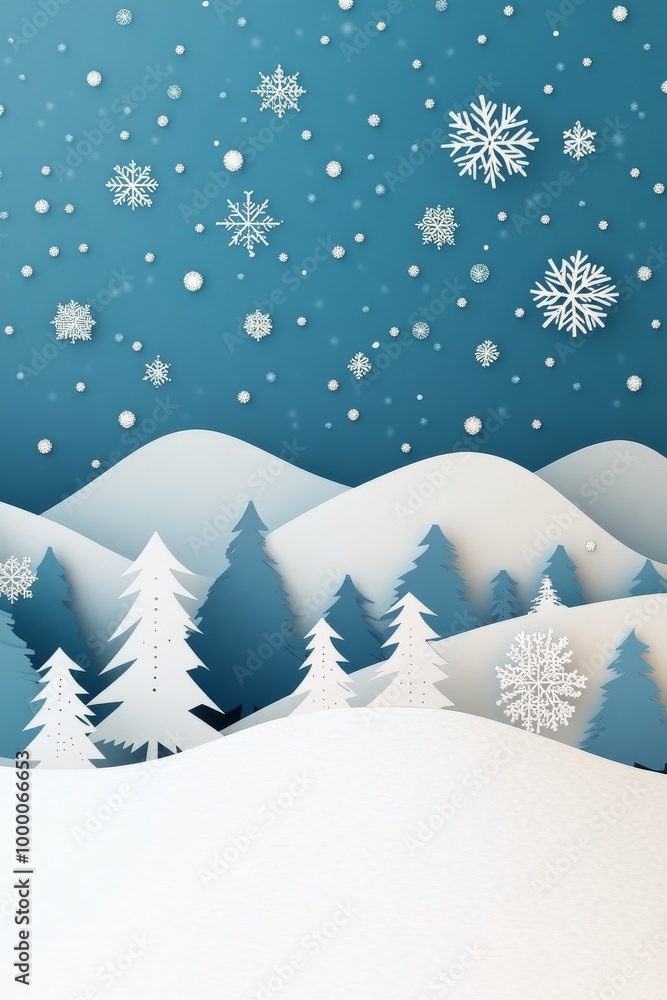 Winter wonderland with white trees and snowflakes against a blue background in a festive decor Winter wonderland with white trees and snowflakes against a blue background in a festive decor