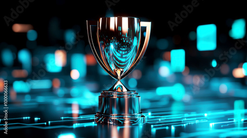 Minimalist award trophy with sleek metallic finish, illuminated by soft blue lighting, surrounded by abstract tech elements floating in the background