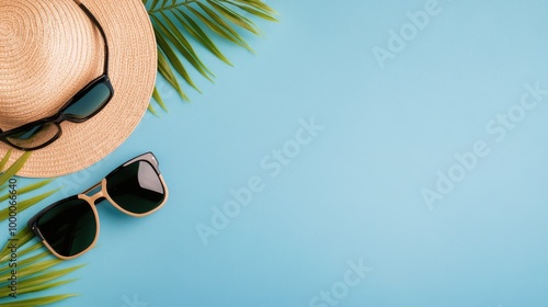 Stylish summer accessories on a vibrant blue background with tropical leaves