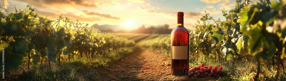 Obraz premium A serene vineyard scene featuring a bottle of wine and fresh grapes at sunset, Ideal for wine marketing, vineyard promotions, or lifestyle content emphasizing relaxation and nature,