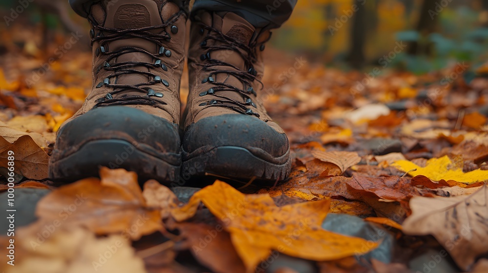 Close-up of Muddy Hiking Boots on a Leaf-Covered Trail in Autumn Forest Close-up of Muddy Hiking Boots on a Leaf-Covered Trail in Autumn Forest