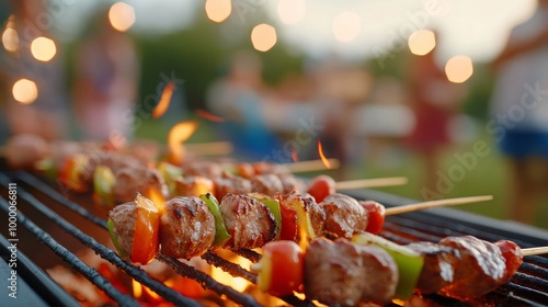 Delicious skewers sizzling on the grill at a vibrant summer barbecue gathering