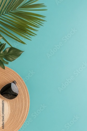 Summer relaxation essentials with sunglasses and palm leaf on a blue background