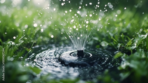 Close-up of a garden sprinkler spraying water on lush green plants during a s...