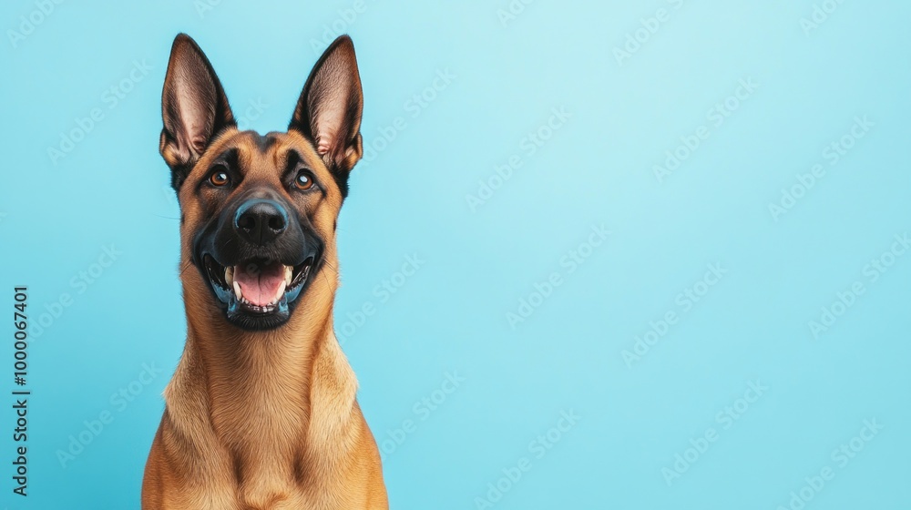 A happy dog with perked ears against a light blue background. A happy dog with perked ears against a light blue background.