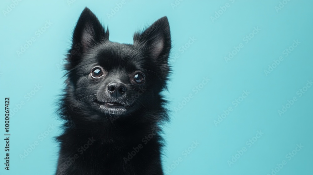 Obraz premium A close-up of a black dog with a friendly expression against a blue background.