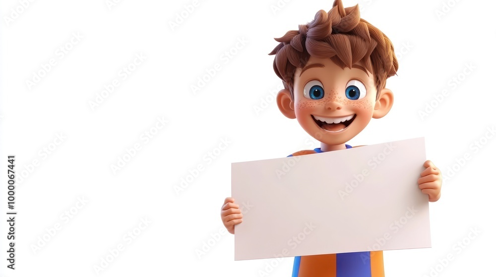 A cheerful cartoon boy holding a blank sign, ready for messages or announcements. A cheerful cartoon boy holding a blank sign, ready for messages or announcements.