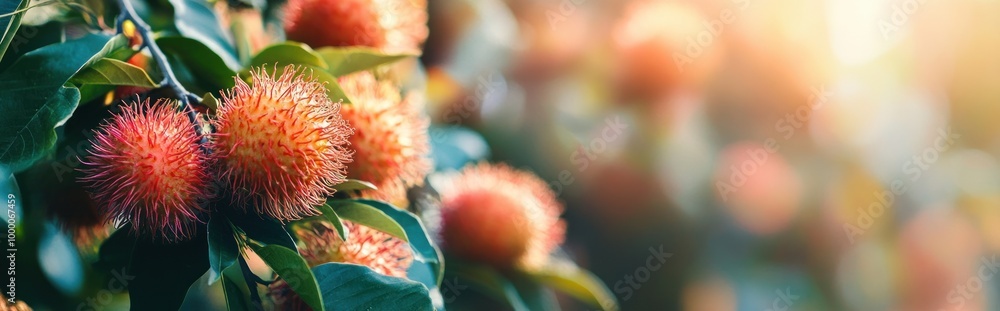 Close-up of vibrant, spiky fruits on a tree branch with soft sunlight in the background. Close-up of vibrant, spiky fruits on a tree branch with soft sunlight in the background.