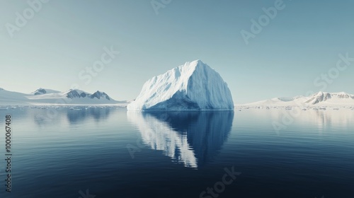 Majestic iceberg floating in calm waters surrounded by distant mountainous la...