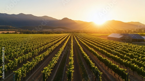 Vineyard landscape with solar panels under a vibrant sunset in a mountainous ...