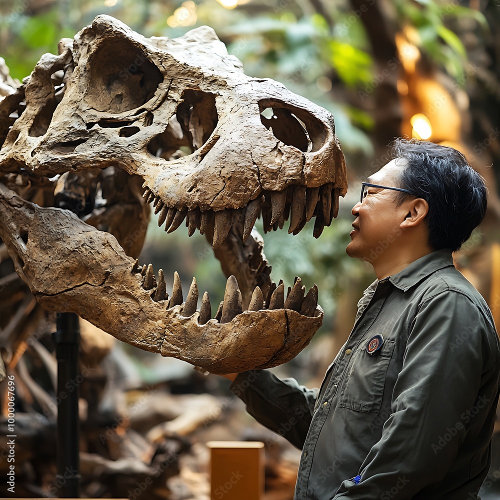 Paleoclimatologist Examining Dinosaur Fossil Display Paleoclimatologist Examining Dinosaur Fossil Display