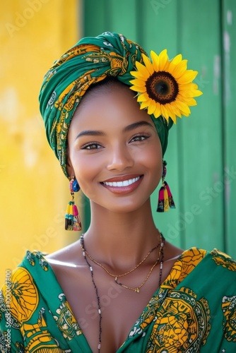 Woman in colorful African attire and sunflower accessories poses against a gr...