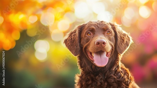 A happy brown dog smiling in a vibrant, colorful outdoor setting.