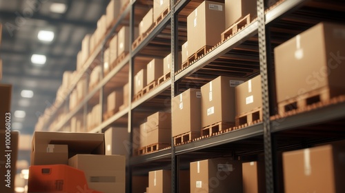 Brightly lit warehouse interior with stacked boxes and pallets during early e...