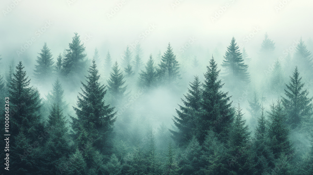 A thick forest of evergreen trees, isolated on a pastel mint background, representing the vitality of nature,