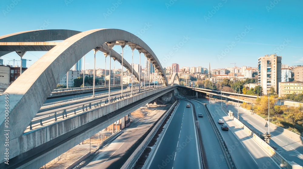 Modern arched steel bridge with pedestrian access and cityscape under clear blue sky during daytime Modern arched steel bridge with pedestrian access and cityscape under clear blue sky during daytime