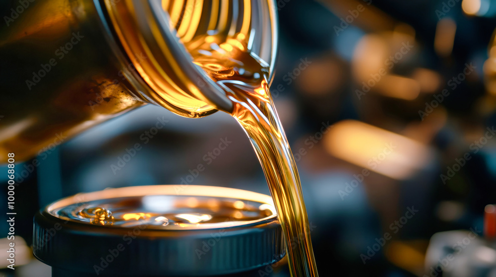 Pouring fresh motor oil into engine canister in a mechanical workshop Pouring fresh motor oil into engine canister in a mechanical workshop