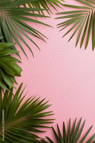 Green palm leaves frame a bright pink background in a vibrant tropical setting