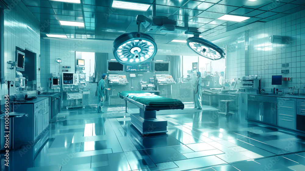 Surgeons and nurses work diligently in a sleek, high-tech operating ...