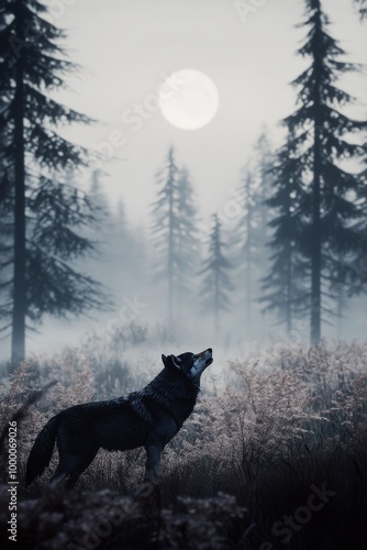 A lone wolf howling in a snowy forest during a winter evening at dusk