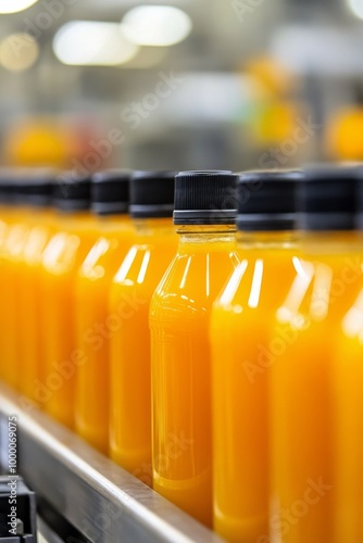 Bottles of fresh orange juice lined up on a conveyor belt in a factory setting