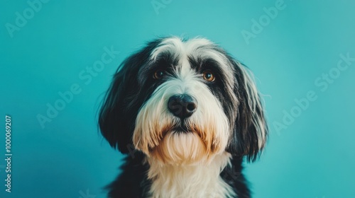 A close-up of a black and white dog against a bright blue background.