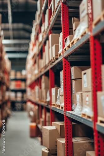 A large warehouse with organized shelves of cardboard boxes in daylight