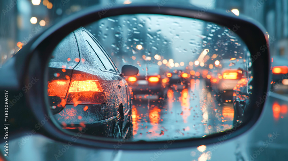 Rear view mirror perspective of a car in a city traffic jam on a rainy day with reflections and cinematic lighting capturing the urban atmosphere Rear view mirror perspective of a car in a city traffic jam on a rainy day with reflections and cinematic lighting capturing the urban atmosphere