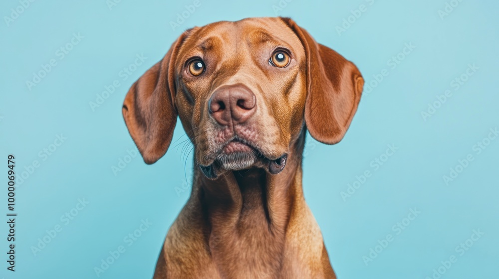 A close-up portrait of a brown dog against a blue background, showcasing its expressive face. A close-up portrait of a brown dog against a blue background, showcasing its expressive face.