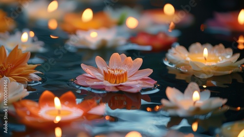 Glowing Lotus Flowers Floating on Serene Pond at Dusk