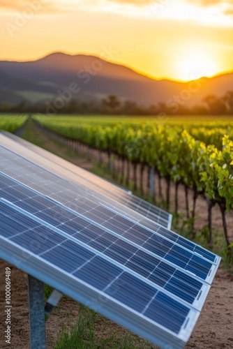 Solar panels installed in vineyard under sunset mountains in a rural landscape