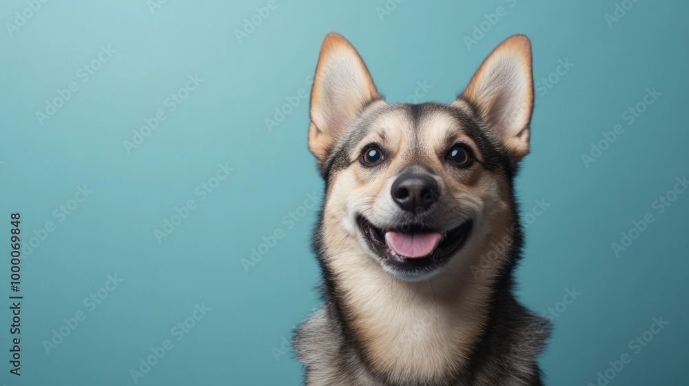A happy dog with a friendly expression against a blue background. A happy dog with a friendly expression against a blue background.