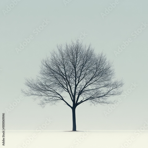 A minimalist silhouette of a tree without leaves, isolated on a pastel gray background, representing the quiet of winter,